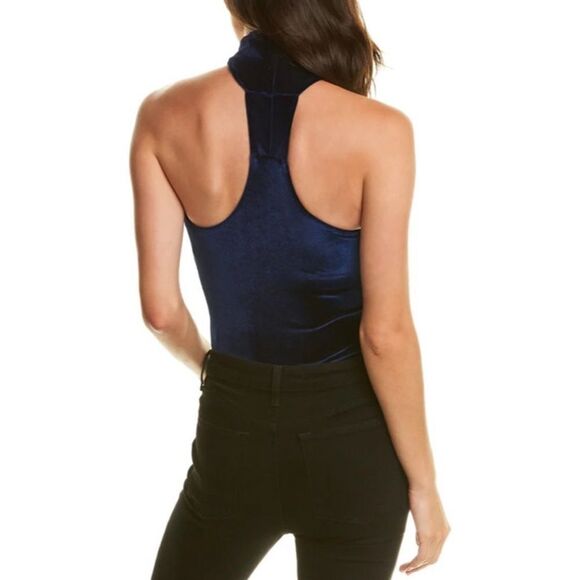 ✨ Alix Nyc Midnight Blue Velvet Asymmetric Mockneck Thong Carmine Bodysuit Small - Picture 2 of 13